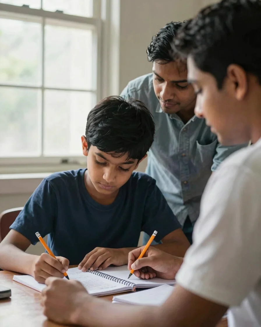 Candid over-the-shoulder view of a student working through a worksheet beside a tutor, soft window daylight, a notebook