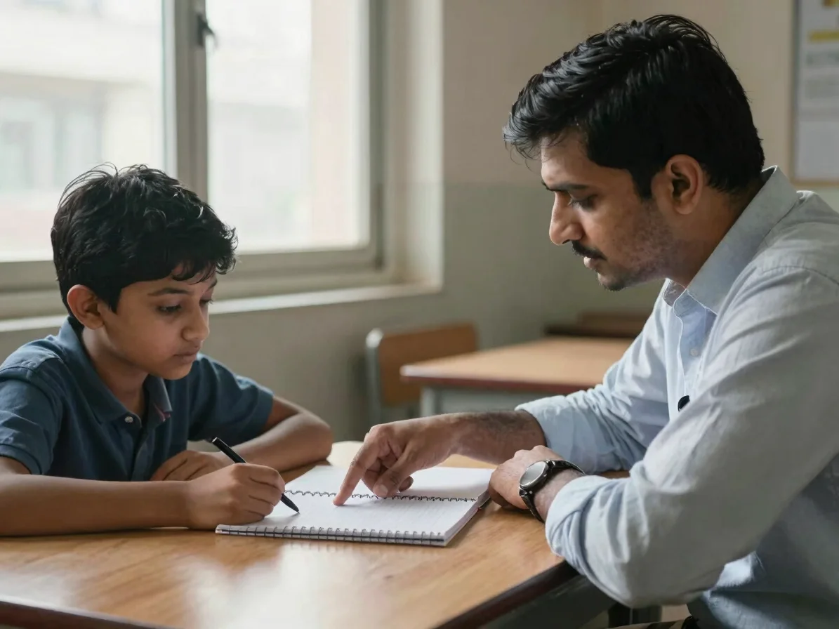 Focused one-to-one tutoring session at a wooden desk, tutor point
