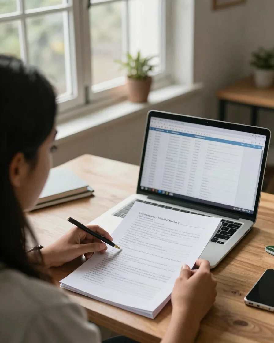 Candid over-the-shoulder view of a tutor reviewing a printed syll