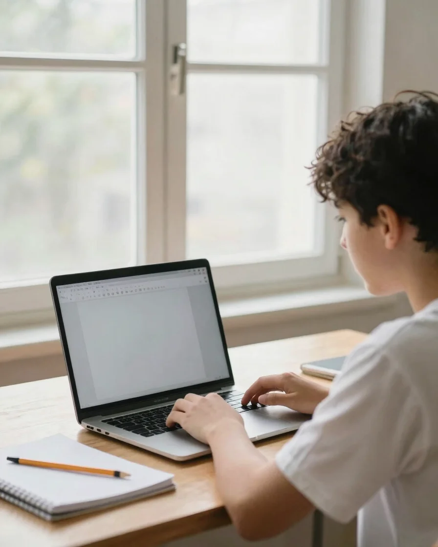 Candid over-the-shoulder view of a student at a laptop in a brigh