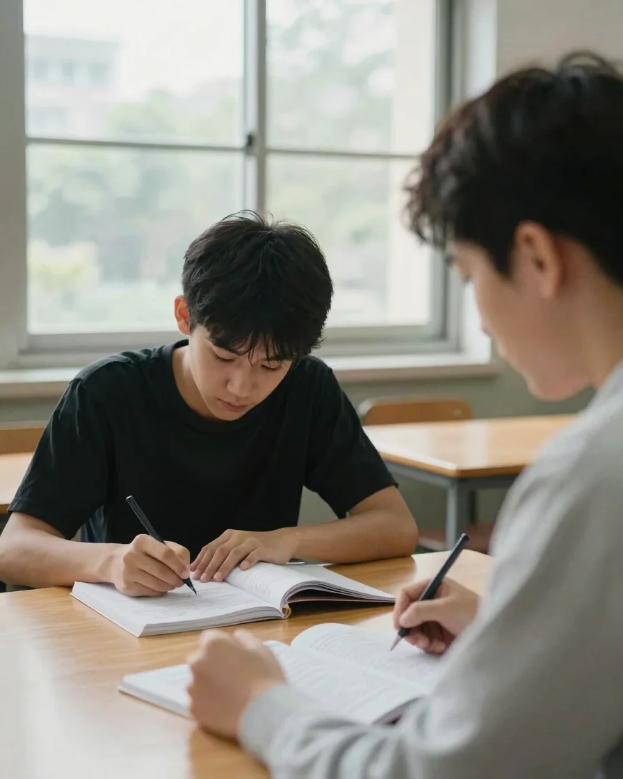 Soft window daylight, a student studying with a tutor at a wooden